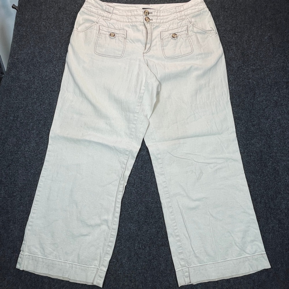 Lane Bryant Wide Leg Pants 16 Beige Linen Blend Cargo Pockets Casual Natural Eco